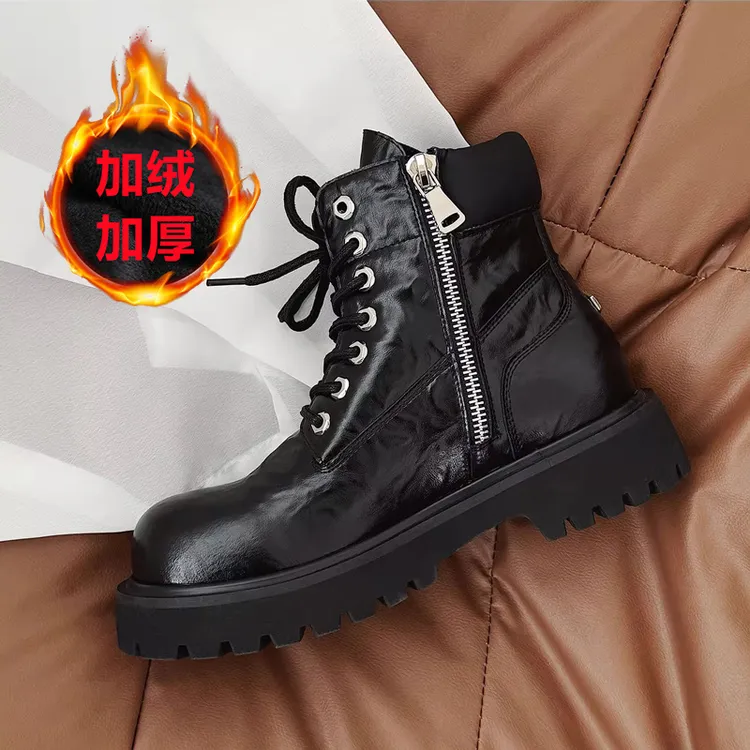 冬季加绒保暖短靴男鞋新品黑色马丁靴潮流英伦风厚底百搭高帮皮靴