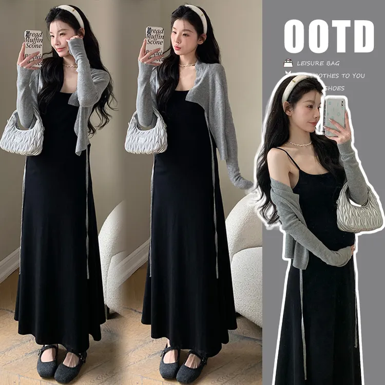 孕妇装春装2025新款连衣裙套装孕妈高级感穿搭早春季吊带裙两件套