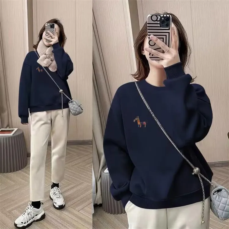 圆领套头打底衫加绒加厚卫衣女2025秋冬新款宽松韩版外套春秋薄款