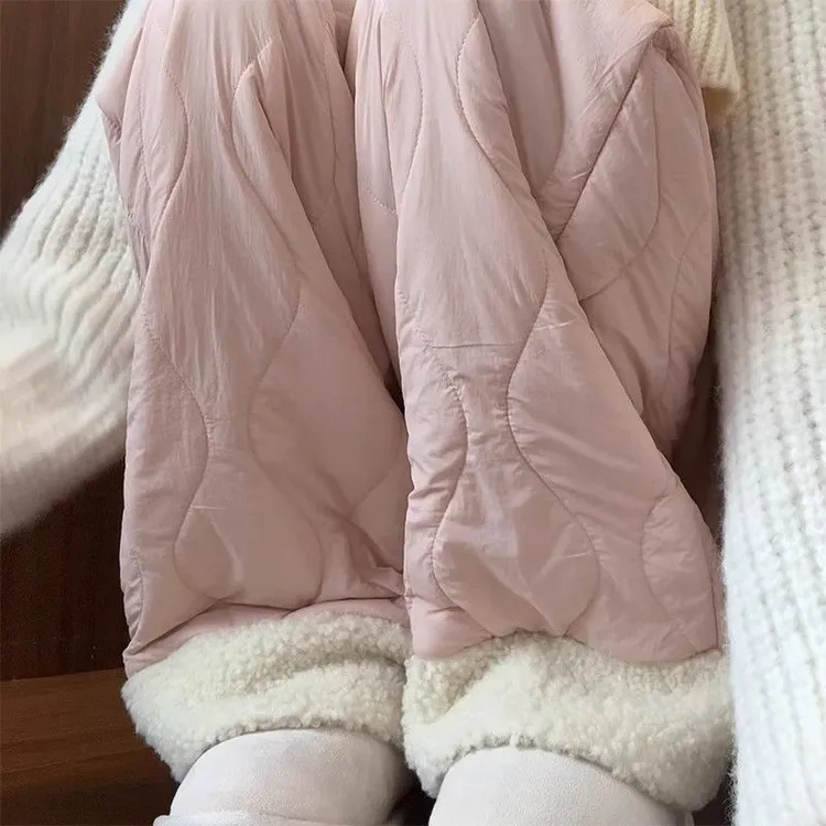 粉色防风棉裤女秋冬季新款休闲外穿保暖加绒裤子松紧腰直筒阔腿裤
