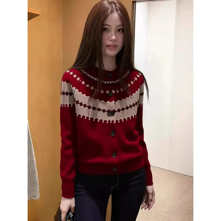 法式复古红色费尔岛提花针织开衫女2025冬新款慵懒风宽松保暖毛衣
