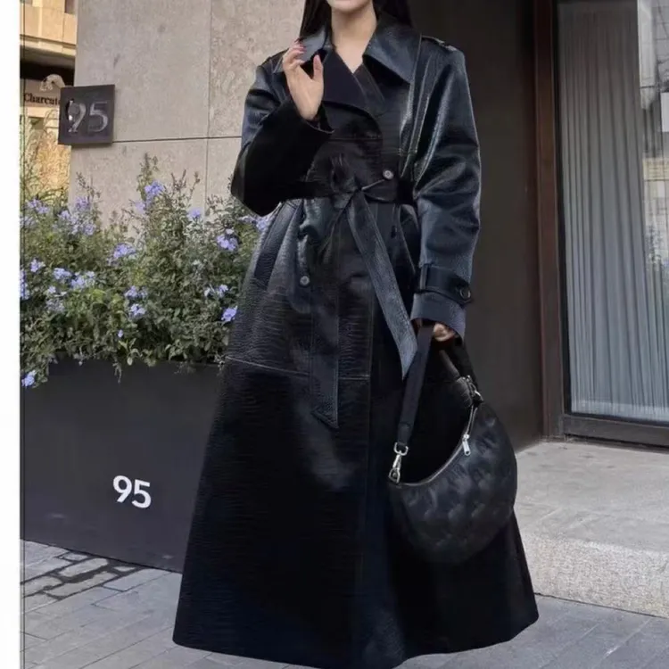 酷飒辣妹御姐范纹收腰中长款秋季鹿皮皮风衣外套