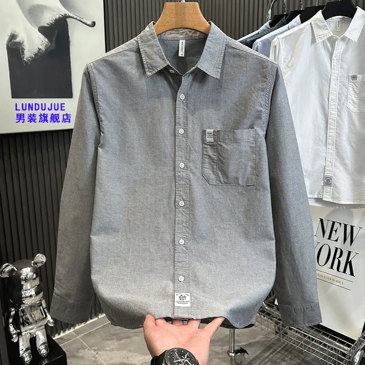 男士休闲全棉衬衫长袖男士潮流春季新款宽松休闲翻领百搭文艺衬衣