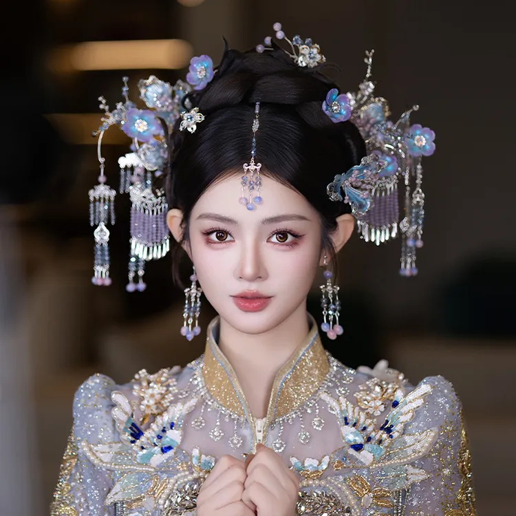 合金树脂婚庆饰品 新娘发饰减龄仙气浅紫色秀禾琉璃花朵发饰G0360