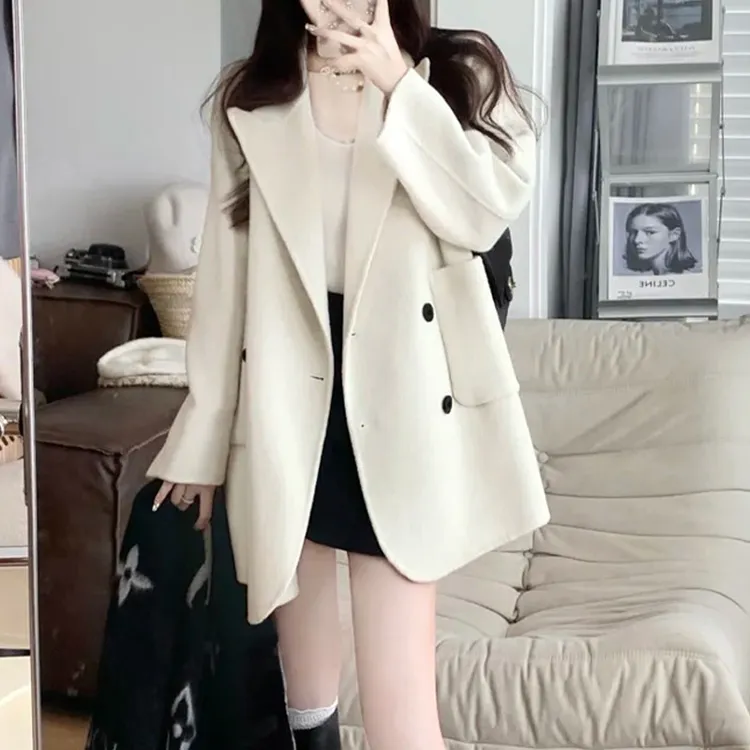 米白色双面羊毛大衣女短款小个子气质显瘦双面绒2025秋冬毛呢外套