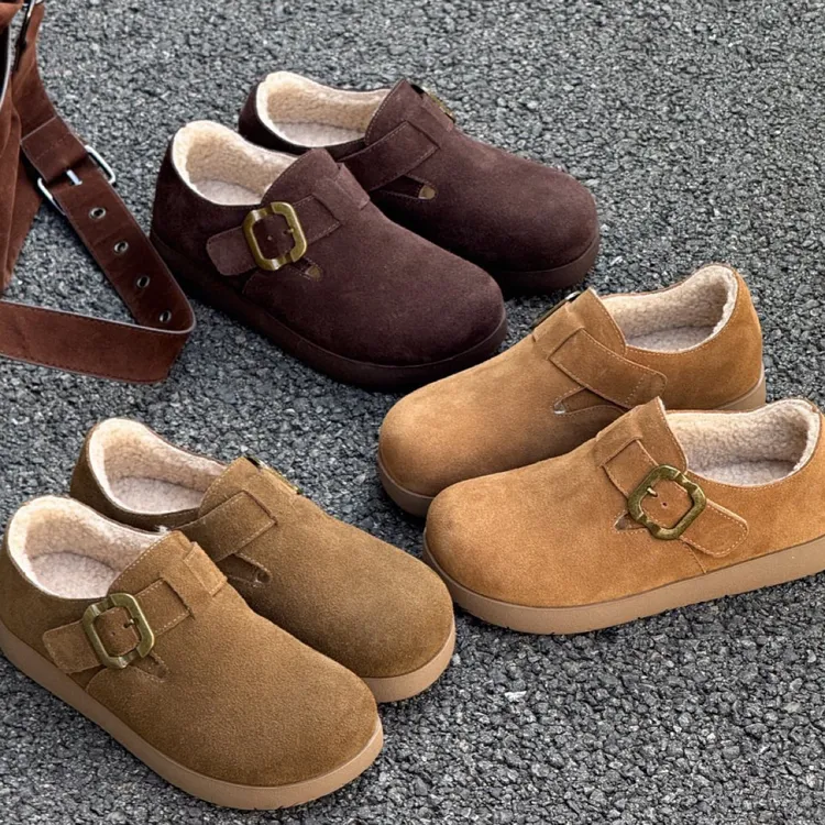 【韩衣舍】7909勃肯鞋加绒一脚蹬乐福鞋冬季复古休闲鞋子真皮