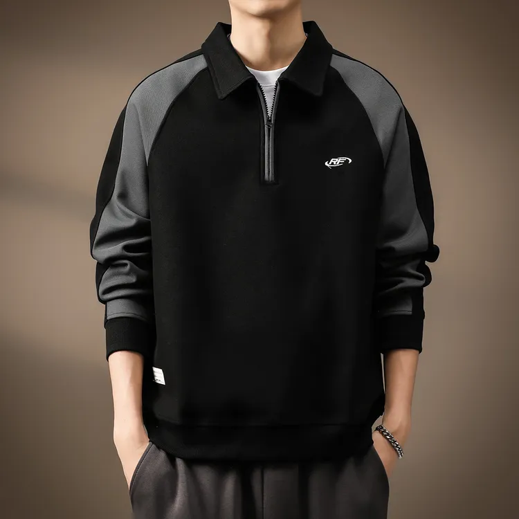 高端美式运动半拉链翻领卫衣男秋季新款重磅宽松休闲Polo衫外套男