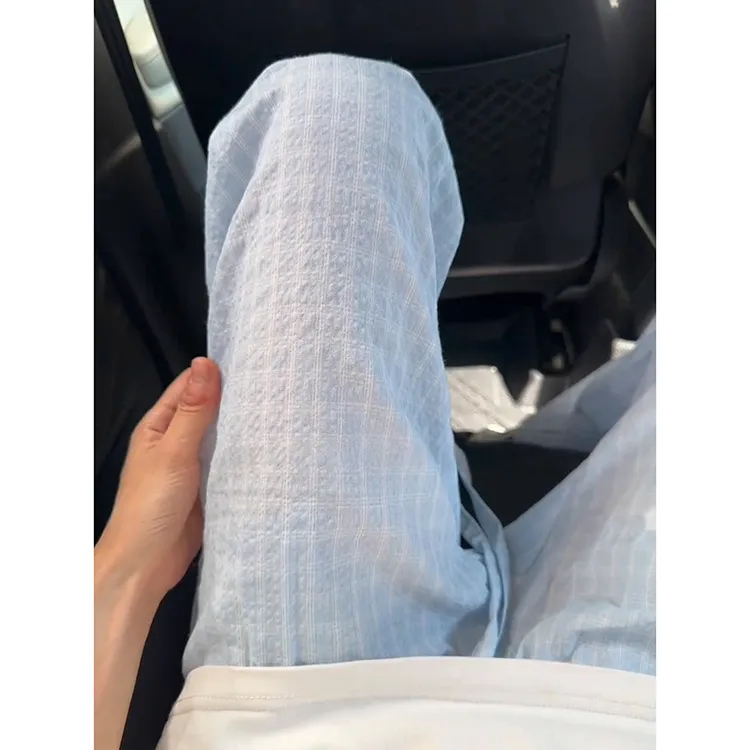 美式浅蓝色格子裤男夏季薄款慵懒风泡泡纱裤子显瘦冰丝垂感阔腿裤