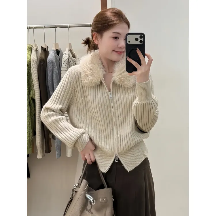 法式气质毛毛领拉链长袖针织开衫外套秋冬新款氛围感穿搭上衣女装