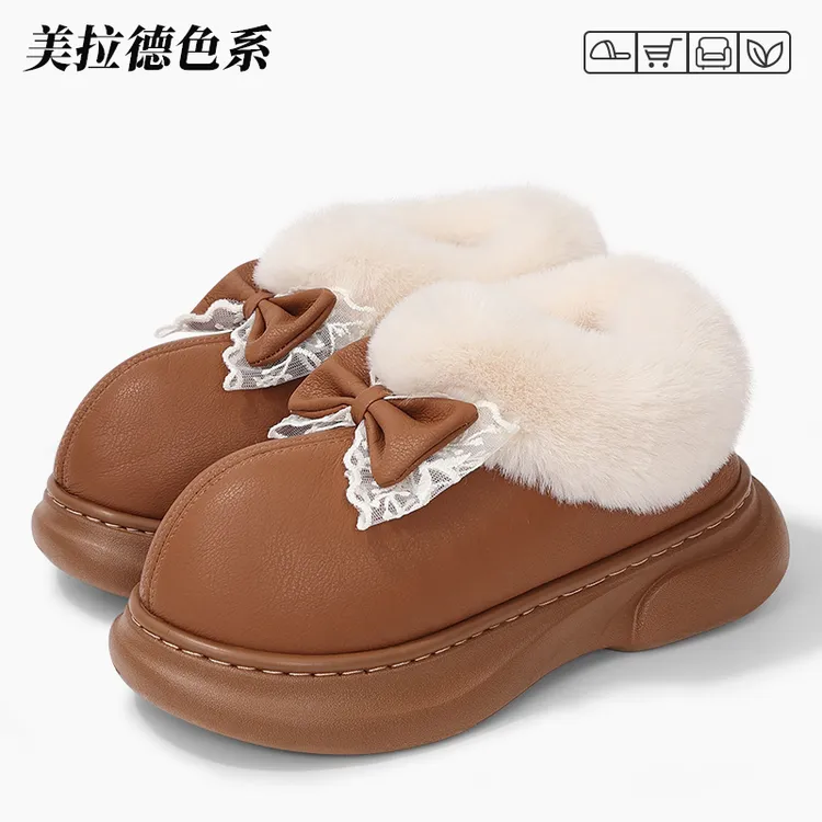 洋山公羊美拉德防水蝴蝶结棉拖鞋女新款居家外穿防滑增高毛绒棉鞋