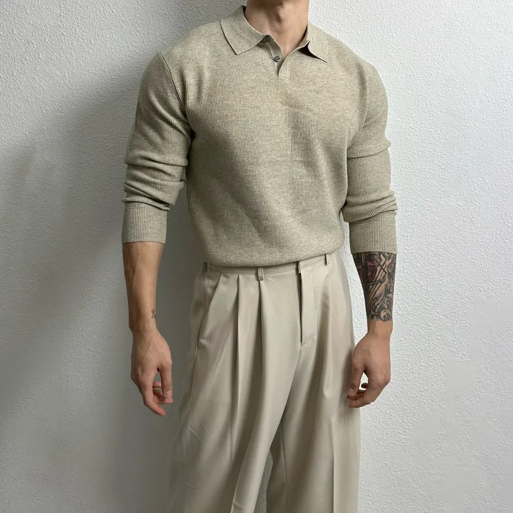 卡其色长袖针织POLO衫男春秋款美式轻熟风简约翻领套头开衫毛衣