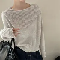 3437【设计感小众一字领翻领毛衣】秋冬新款女士韩版落肩时尚上衣