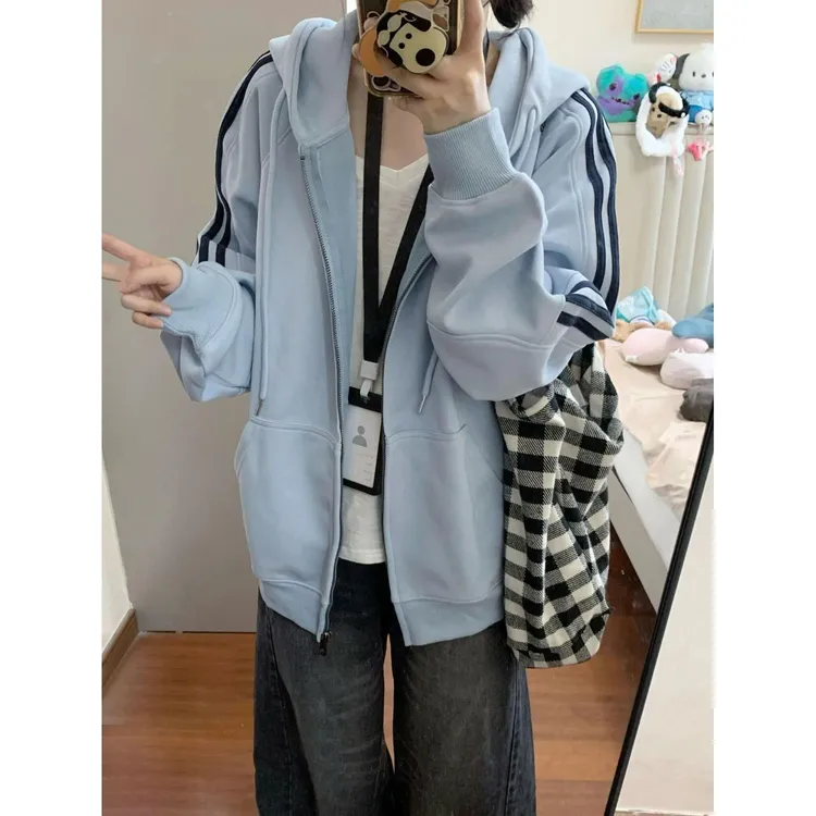 美式高街撞色拼接三条杠连帽开衫卫衣外套女秋冬季加绒就保暖帽衫