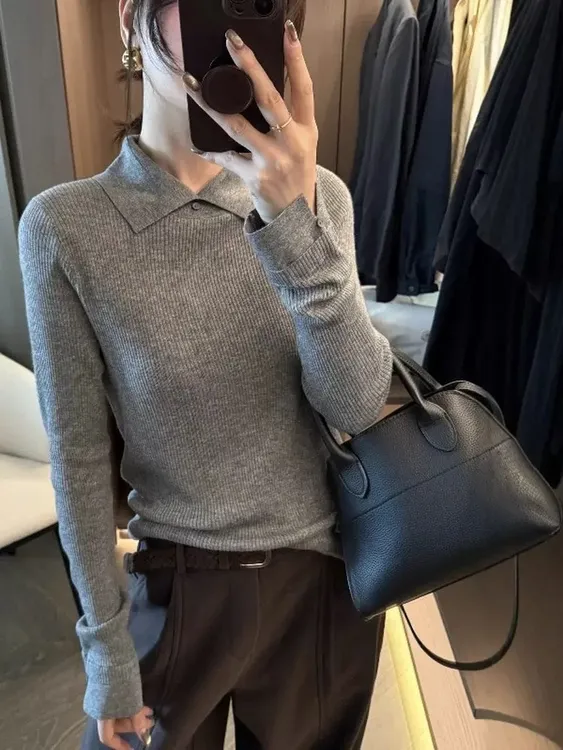 （媛媛严选）自留款拼接翻领针织上衣显瘦修身时尚百搭