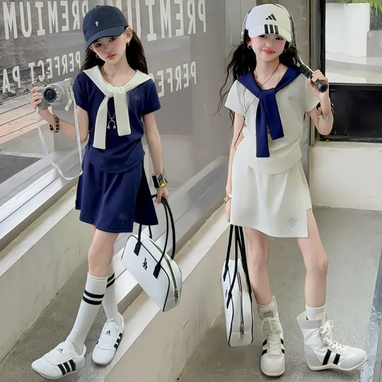 女童披肩短袖套装夏装2025新款时髦女大童运动儿童夏季薄款短裤裙