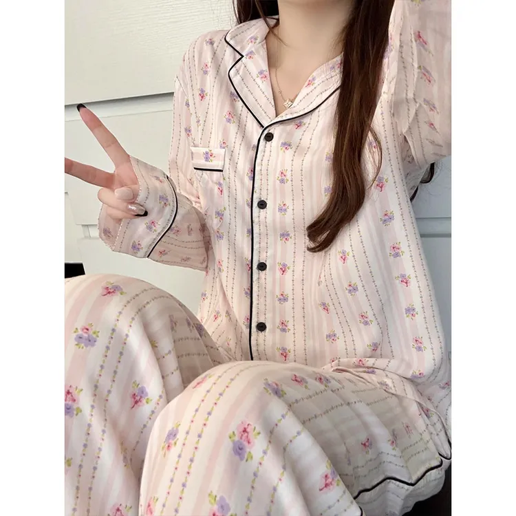 【DMXJ大梦想家】甜美碎花条纹可爱睡衣女春秋季新款长款家居服套装