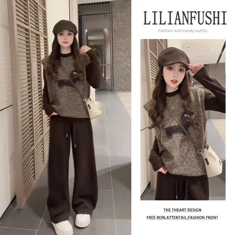 【好评超高】早秋温柔系穿搭2025新款针织衫马甲阔腿裤休闲三件套潮