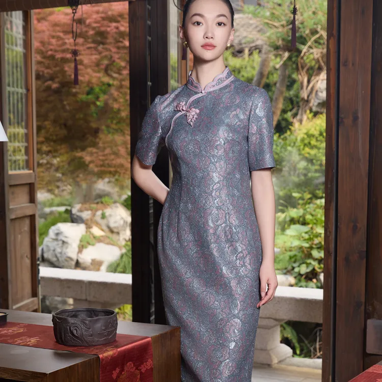 朱紫褕170556灰紫色旗袍婚礼妈妈装喜婆婆喜妈妈婚宴礼服