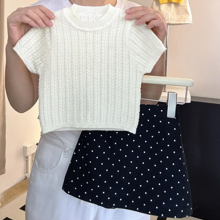  韩版女童夏季套装2025新款女宝宝款镂空冰丝针织短袖T恤波点半裙