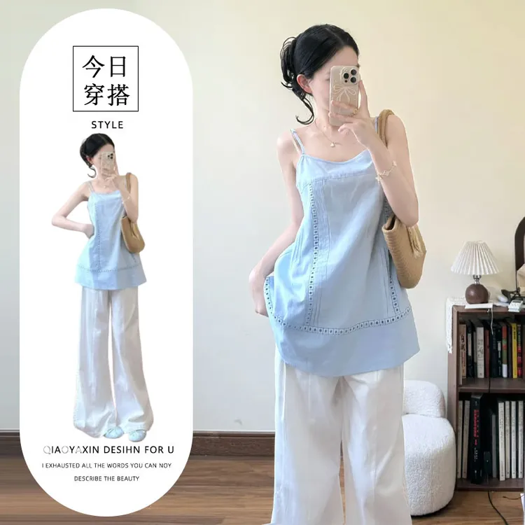 时尚套装蓝色百搭镂空吊带上衣女夏季爆款高腰显瘦阔腿裤两件套装