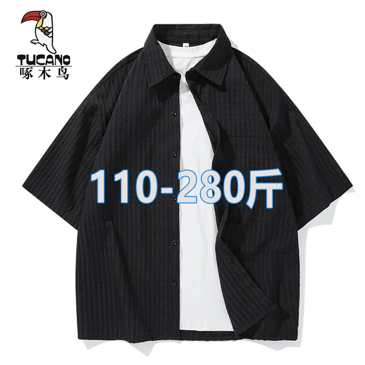 啄木鸟夏季新款男落肩休闲短袖衬衫潮流宽松百搭上衣薄款透气外套