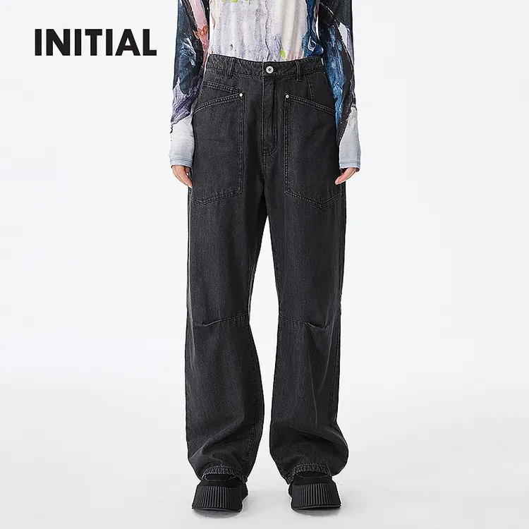 INITIAL25秋季新款时尚深灰色高腰弯刀牛仔长裤女25FPRFMCDM002