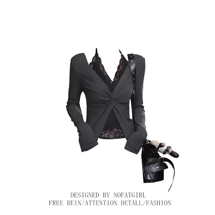 大码胖MM纯欲风V领扭结蕾丝长袖t恤女秋季设计感绝美收腰百搭上衣