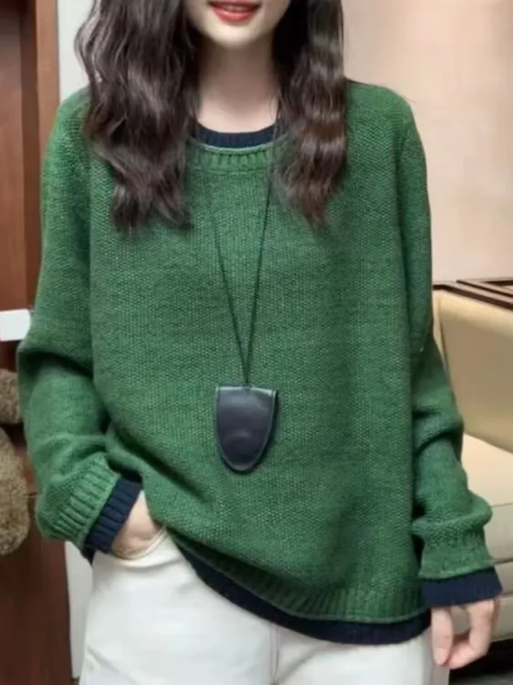 秋冬2025撞色圆领针织衫女长袖宽松百搭显瘦绿色毛衣时尚加厚上衣