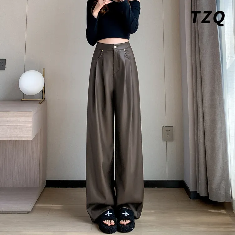 高级感皮阔腿裤女2025秋装高腰酷街头垂感加绒拖地皮裤TZQ2582025