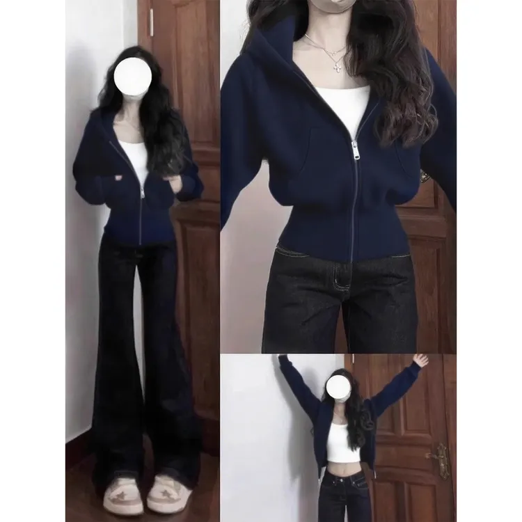 藏青色短款卫衣外套女秋冬新款修身收腰连帽上衣美式运动拉链开衫