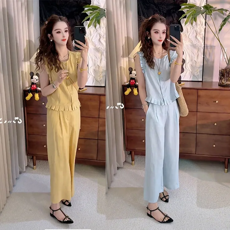 2025夏季新款韩版宽松休闲百搭时尚圆领无袖上衣阔腿九分裤两件套