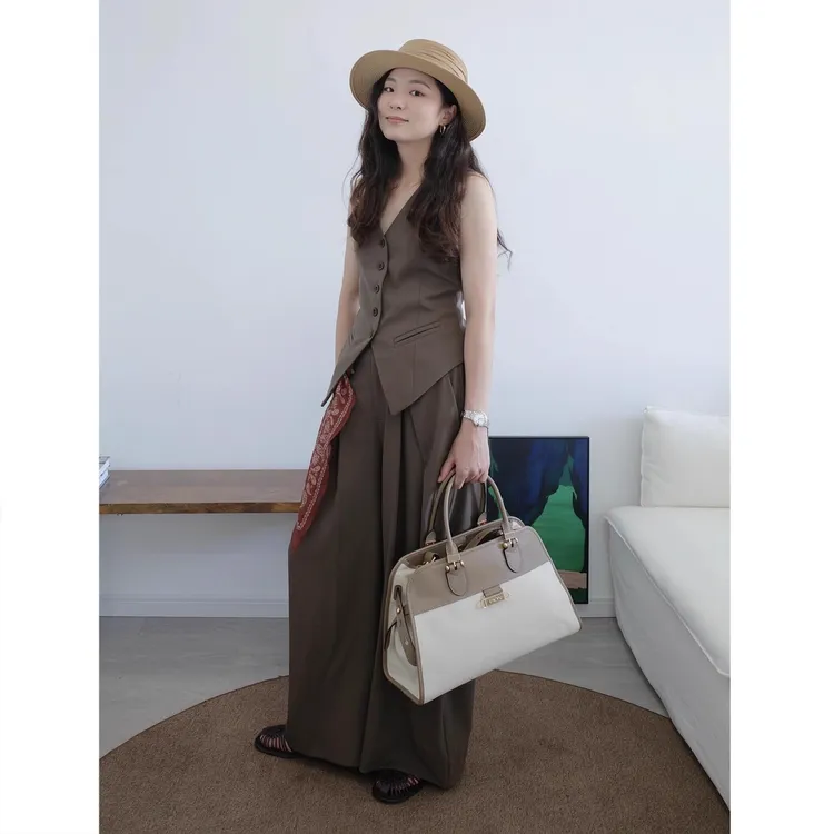 高级感法式V领马甲套装女夏复古高智感收腰无袖上衣阔腿裤两件套