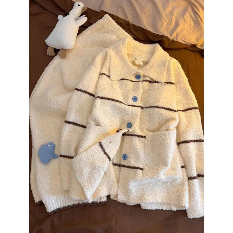 甜美可爱酷猫慵懒针织半边绒睡衣女冬季加厚套装保暖家居服可外穿