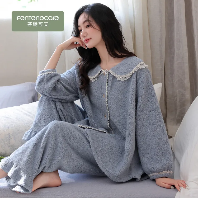 芬腾可安睡衣女秋冬珊瑚绒加厚加绒法兰绒家居服冬保暖高级感套装