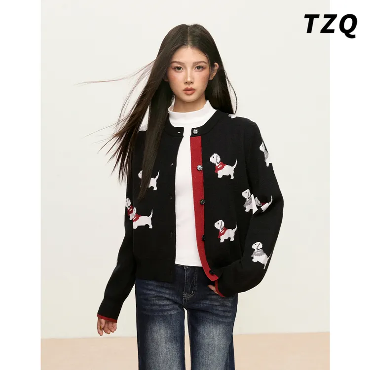 黑色小狗长袖针织开衫女秋季新时尚洋气宽松显瘦短款毛衣外套上衣