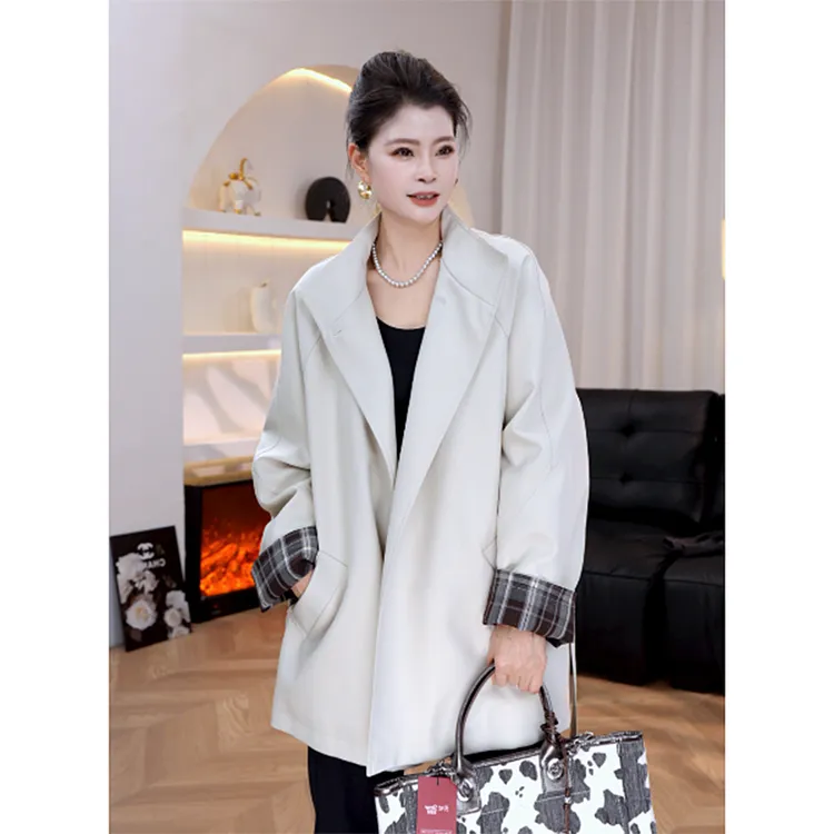 韩系慵懒风时髦通勤百搭女款休闲外套格纹袖口轻奢风精致风衣