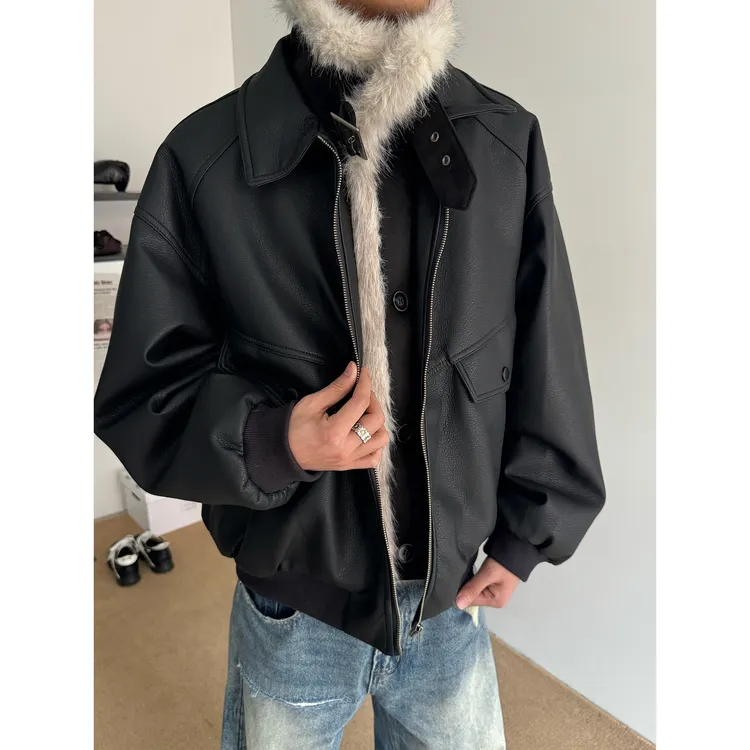 CZ2冬季高级感毛领座山雕皮面棉服男女保暖加厚宽松短款立领外套