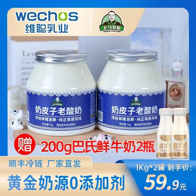 老马草原内蒙古奶皮子老酸奶1KG*2桶 送2瓶200g鲜奶 顺丰包邮