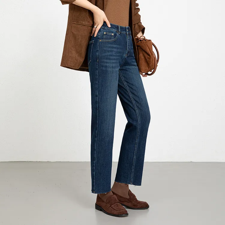 妙语2025冬新款植绒四面弹牛仔毛边烟管裤九分裤女高腰加厚