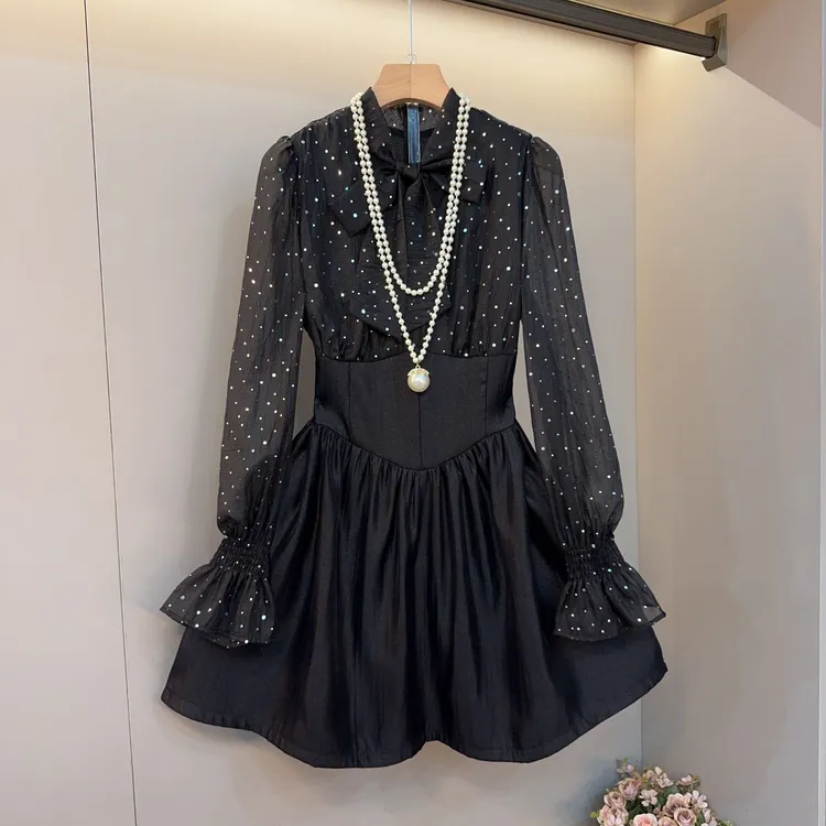 时髦精洋气减龄连衣裙女2025年春季新款长袖亮闪拼接连衣裙68011