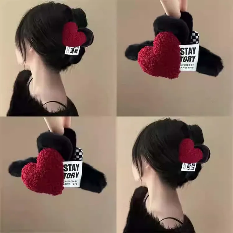 13cm超大毛绒抓夹安可拉红爱心蝴蝶结盘发鲨鱼夹后脑勺发量多夹子