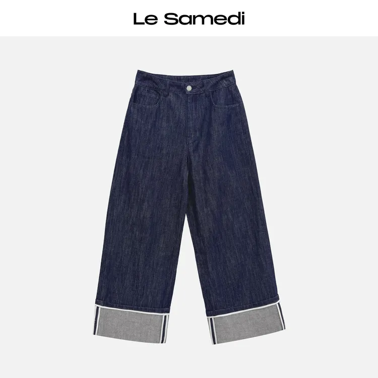 Le Samedi【军舰蓝牛】柔韧新境 精工牛仔翻折撞色包边阔腿牛仔裤