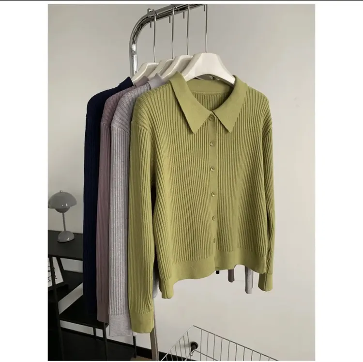 纯色女常规针织衫春秋韩版宽松休闲v领翻领