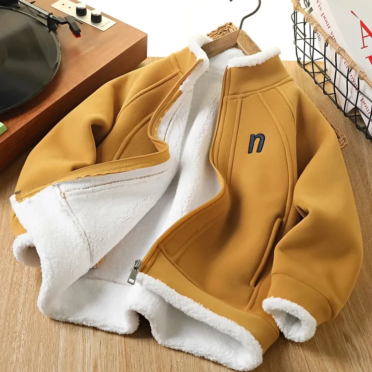 男女童加绒加厚外套2025新款炸街帅气羊羔绒中大儿童冬装卫衣开衫