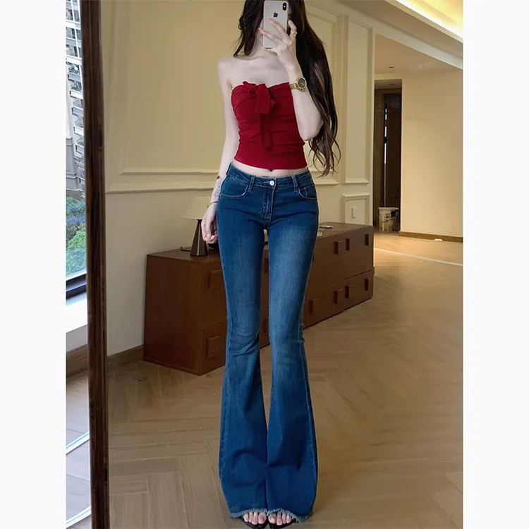 辣妹低腰毛边微喇牛仔裤女2025年秋季新款细腰显瘦显腿长拖地裤