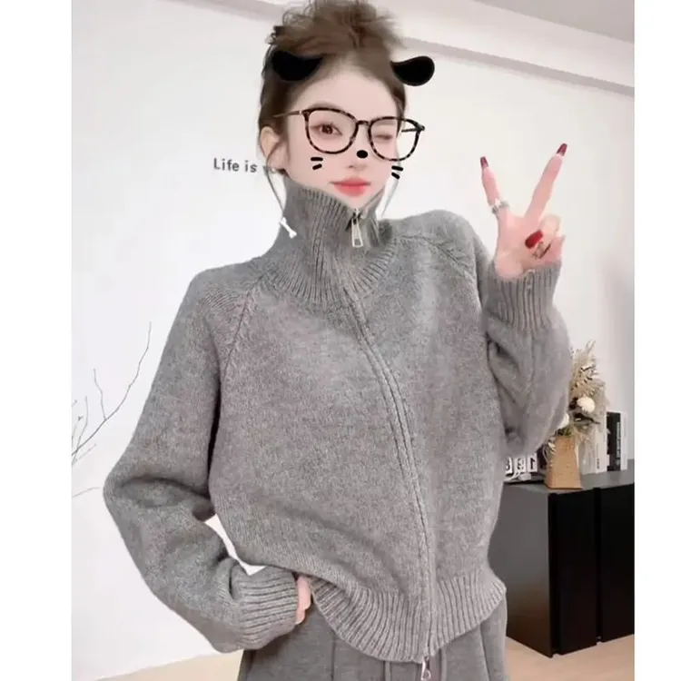 【绵羊绒】韩系穿搭双拉链高领灰色毛衣外套女设计感针织开衫上衣