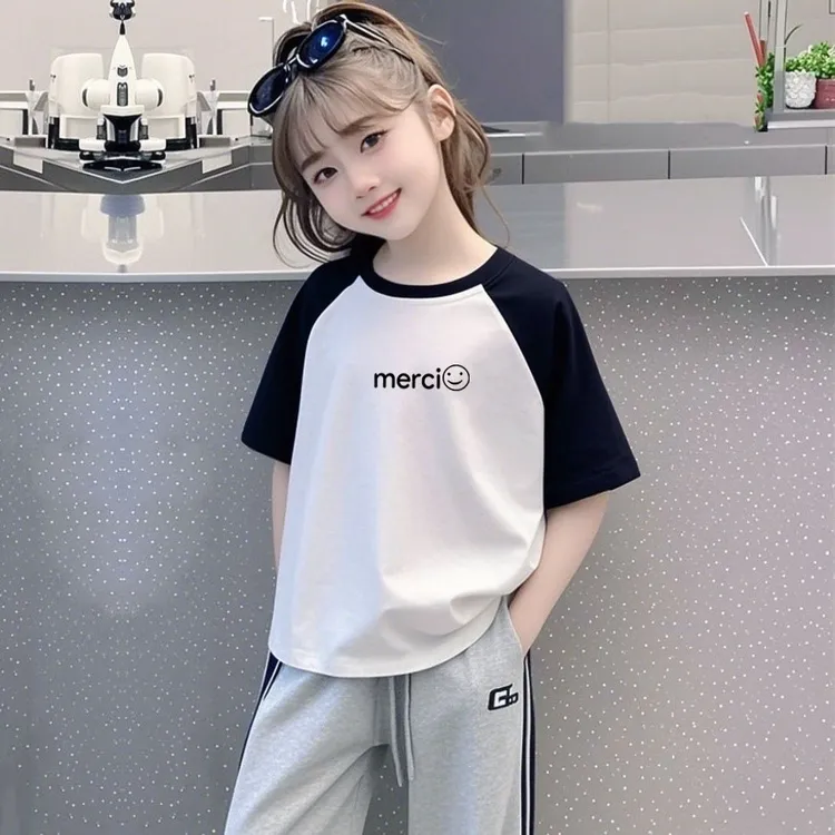 中大儿童短袖t恤女童宽松纯棉2025夏季新款插肩袖撞色打底衫上衣