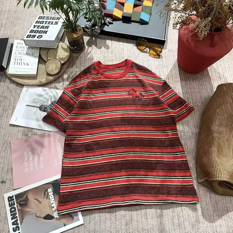 2025冬季新款宽松百搭加绒条纹短袖T恤5528