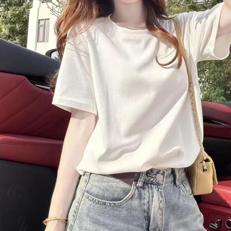 白色t恤女2025韩版新款雪花棉正肩短袖体恤时尚减龄宽松上衣ins