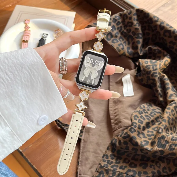 适用荣耀智能手表watch5表带金属四叶草梅花真皮拼接腕带ins女款